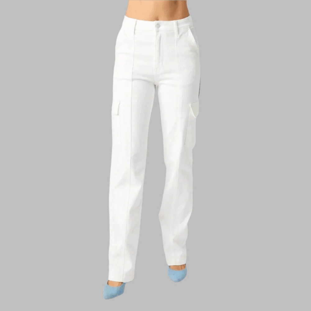 Judy Blue White High-Rise Straight Leg Cargo Pants